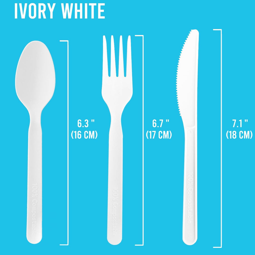 250 Count Compostable Disposable Non Plastic Silverware, Heavy Duty Biodegradable Forks Spoons Knives Cutlery Set