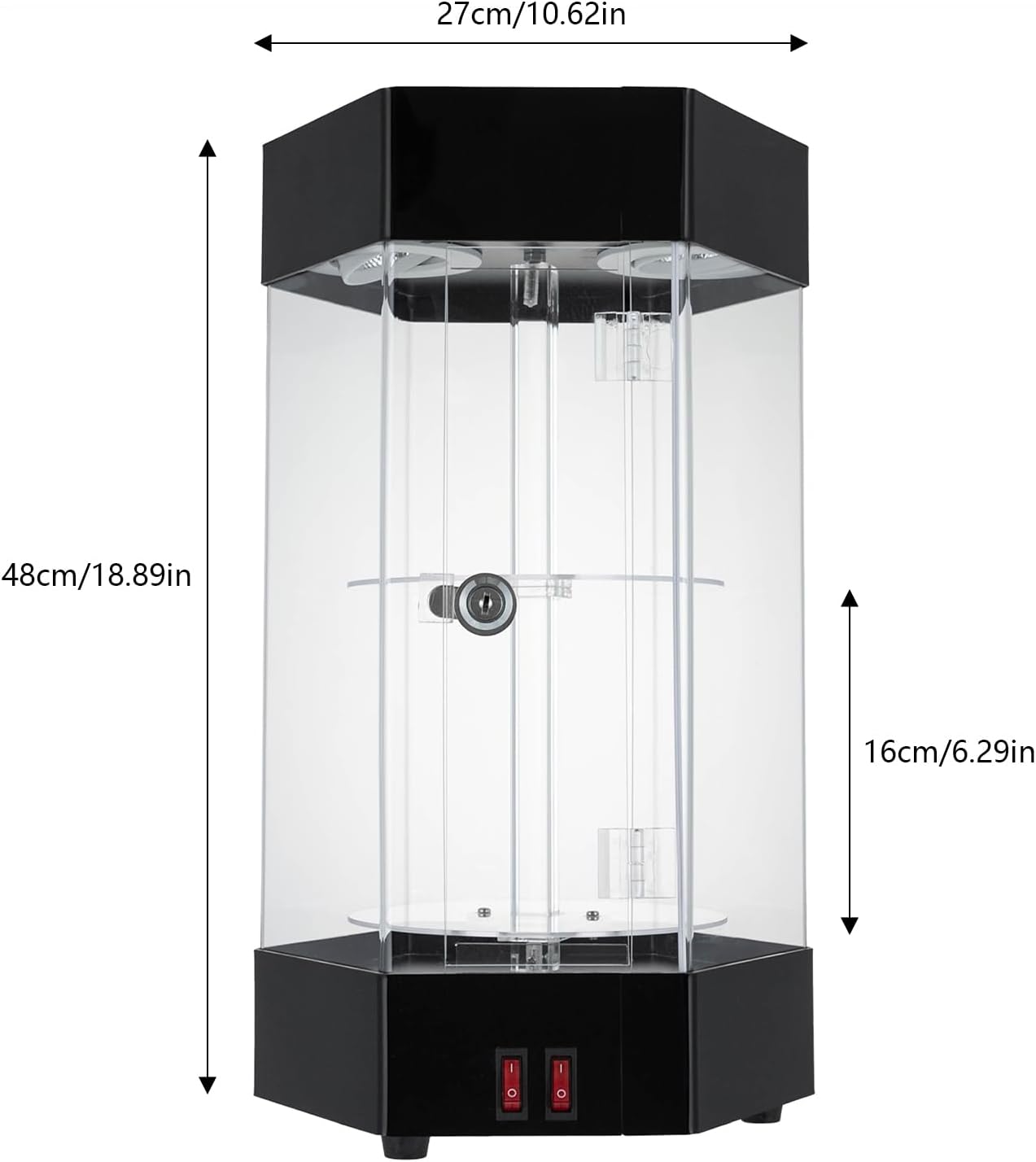 360° Electric Rotating Display Case, 2-Tier Jewelry Display Case Hexagonal Acrylic Showcase with Lockable Door and