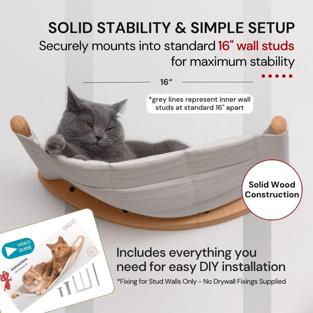 Cat Wall Hammock – Wall Mounted Cat Bed for Large Cats – Wood Perch Shelf, Cat Hammock for Wall, Holds Up to 35 lbs