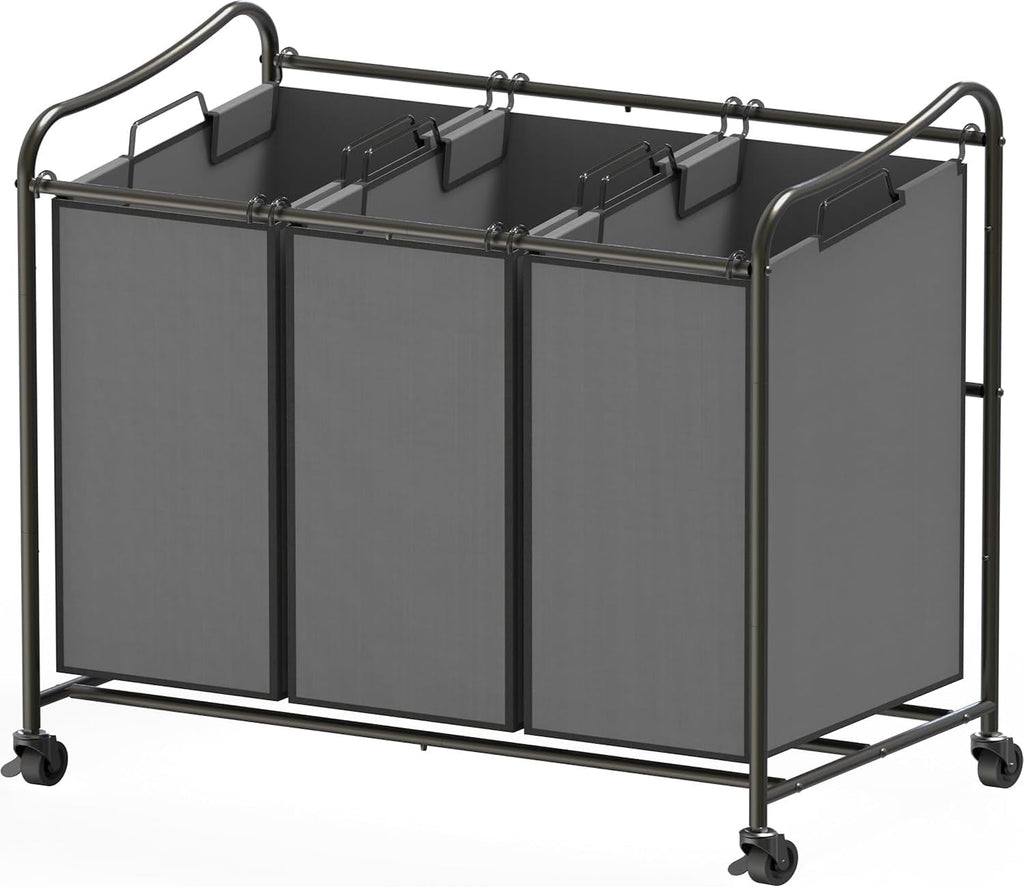 Heavy Duty 3-Bag Laundry Sorter Rolling Cart, Dark Grey | Removable Bags and Lockable Wheels for Laundry Room