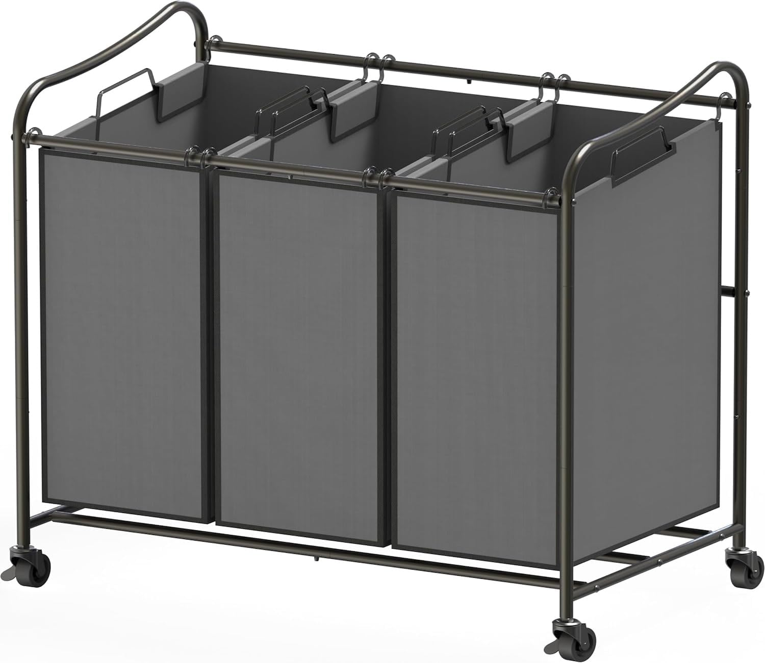 Heavy Duty 3-Bag Laundry Sorter Rolling Cart, Dark Grey | Removable Bags and Lockable Wheels for Laundry Room