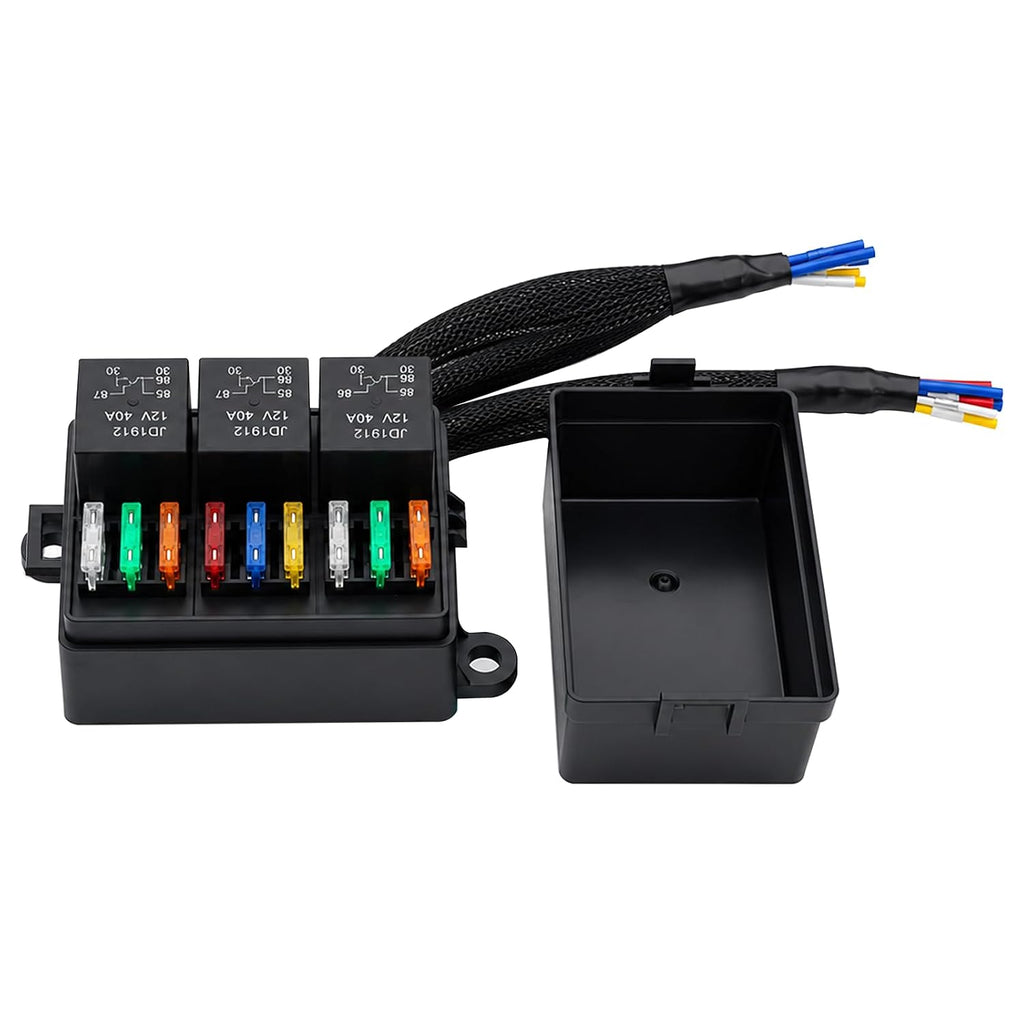 12V 9Way Pre-Wired Fuse and Relay Box Kit with 3 x 40A 4-Pin Relays & 9 ATC/ATO Fuses for Car, Truck, Vehicle