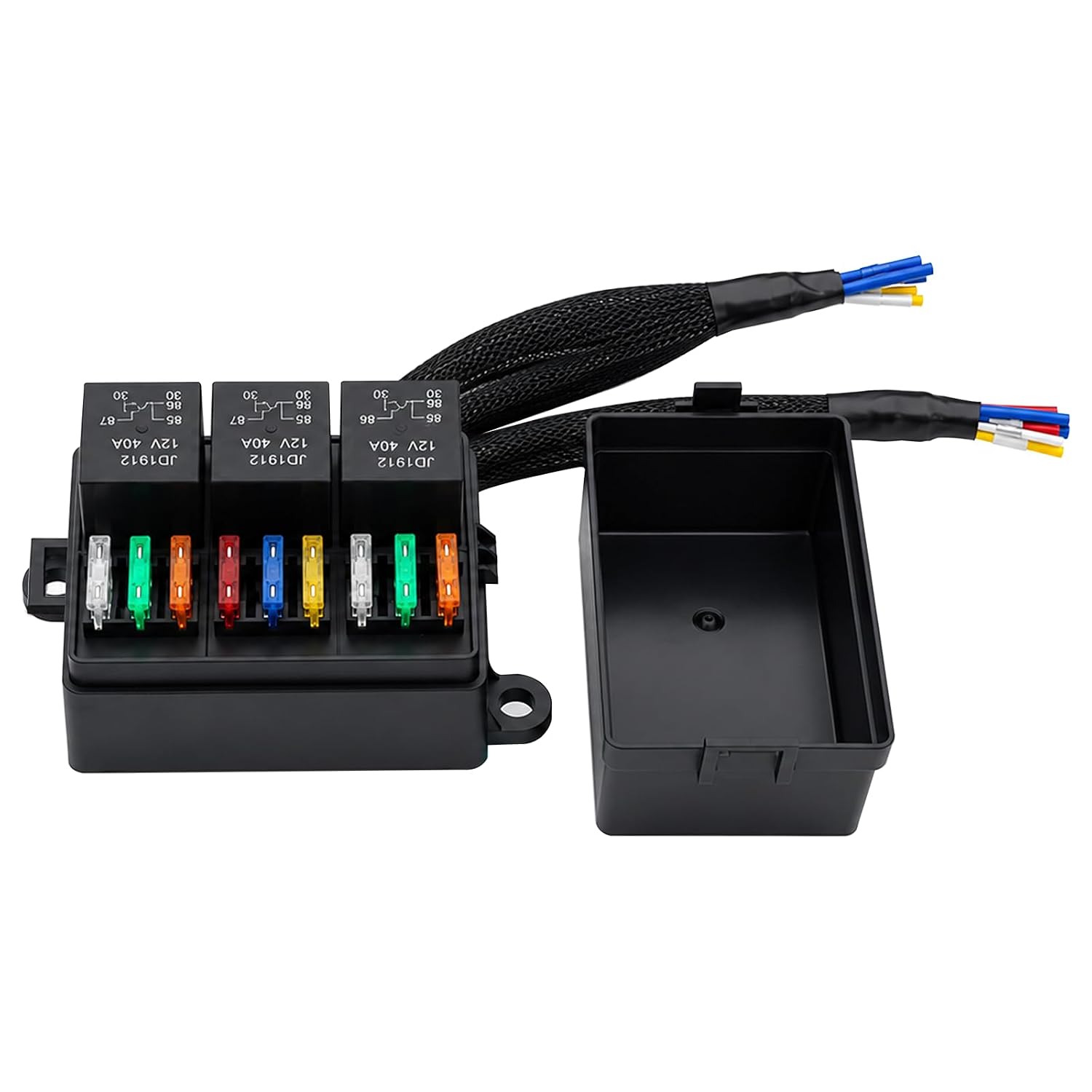 12V 9Way Pre-Wired Fuse and Relay Box Kit with 3 x 40A 4-Pin Relays & 9 ATC/ATO Fuses for Car, Truck, Vehicle