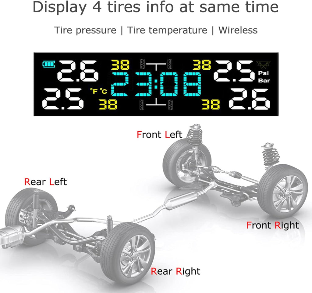 Tire Pressure Monitoring System Wireless Solar TPMS, Tire Pressure Monitor with 4 Sensors Real-time Display