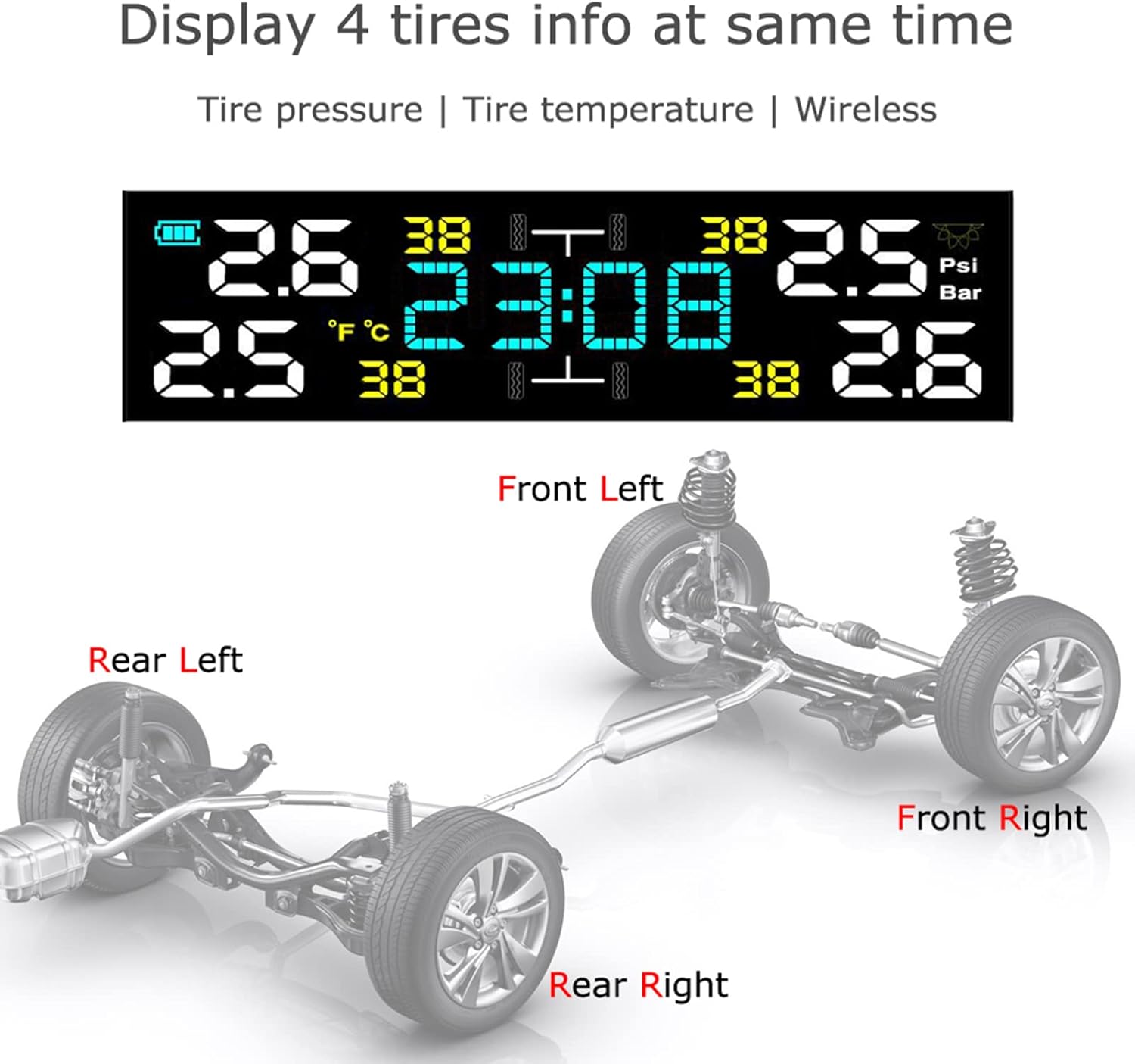 Tire Pressure Monitoring System Wireless Solar TPMS, Tire Pressure Monitor with 4 Sensors Real-time Display