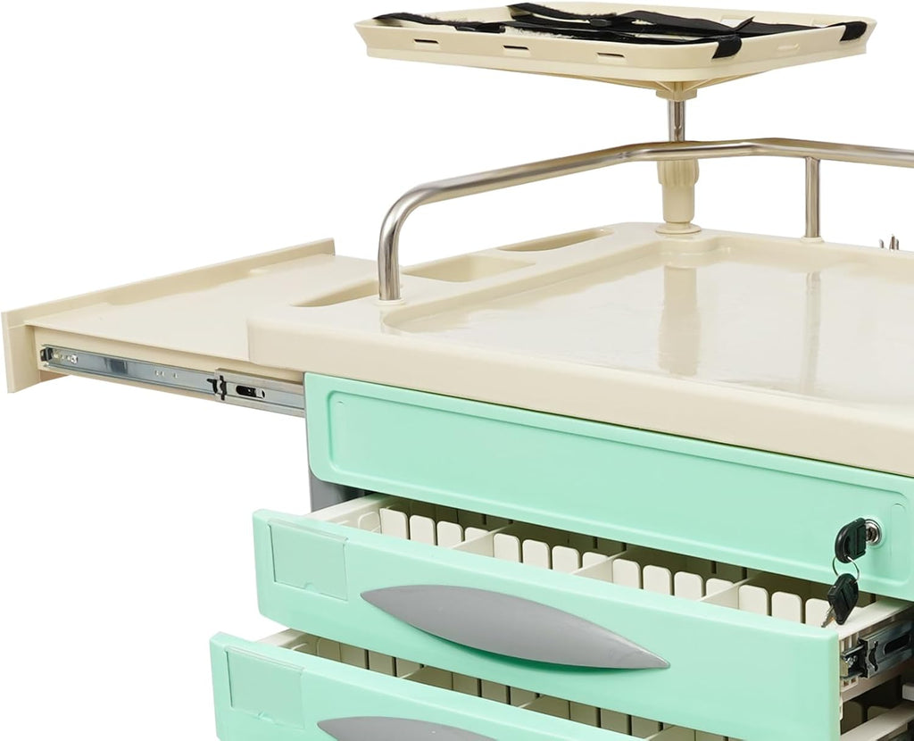 Medical Rolling Crash Cart with Drawers, Rolling Medical Cart, Adjustable IV Pole, CPR Board, O2 Holder, Trash Bin