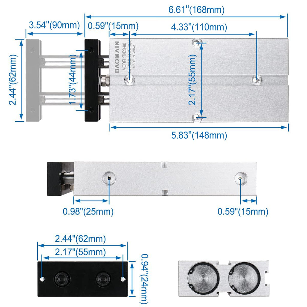 BAOMAIN Double Rod Pneumatic Air Cylinder TN20x90 20mm Bore 90mm Stroke