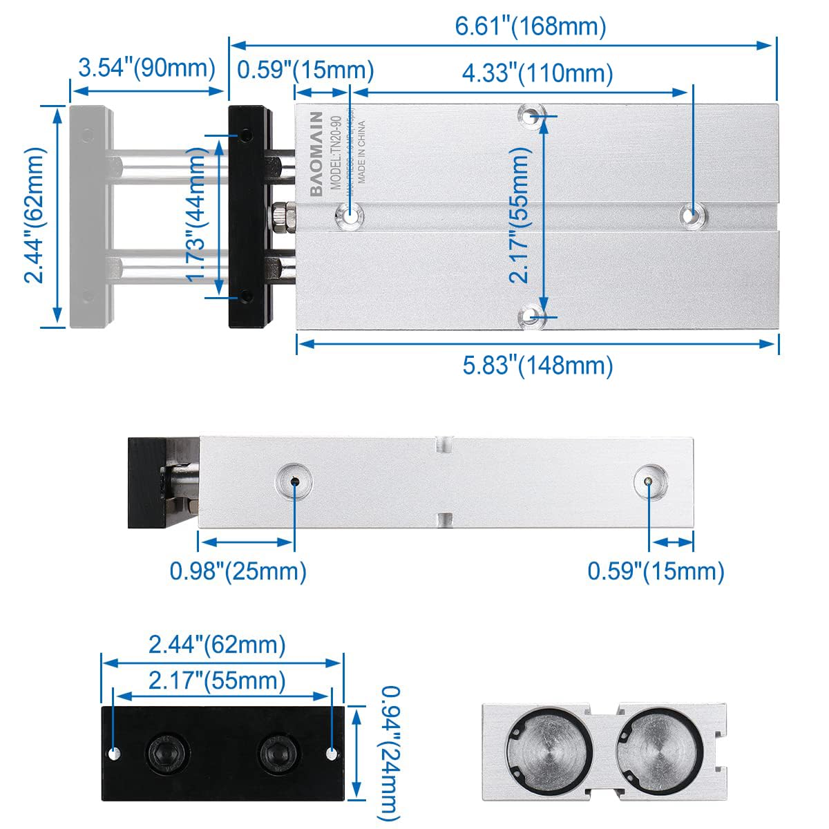 BAOMAIN Double Rod Pneumatic Air Cylinder TN20x90 20mm Bore 90mm Stroke