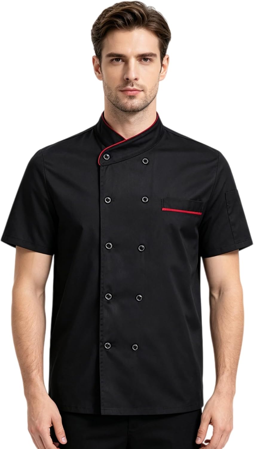 Men's Chef Coat Uniform Short Sleeve Chef Jacket Breathable Chef Uniform for Kitchen, Restaurant, Bakery