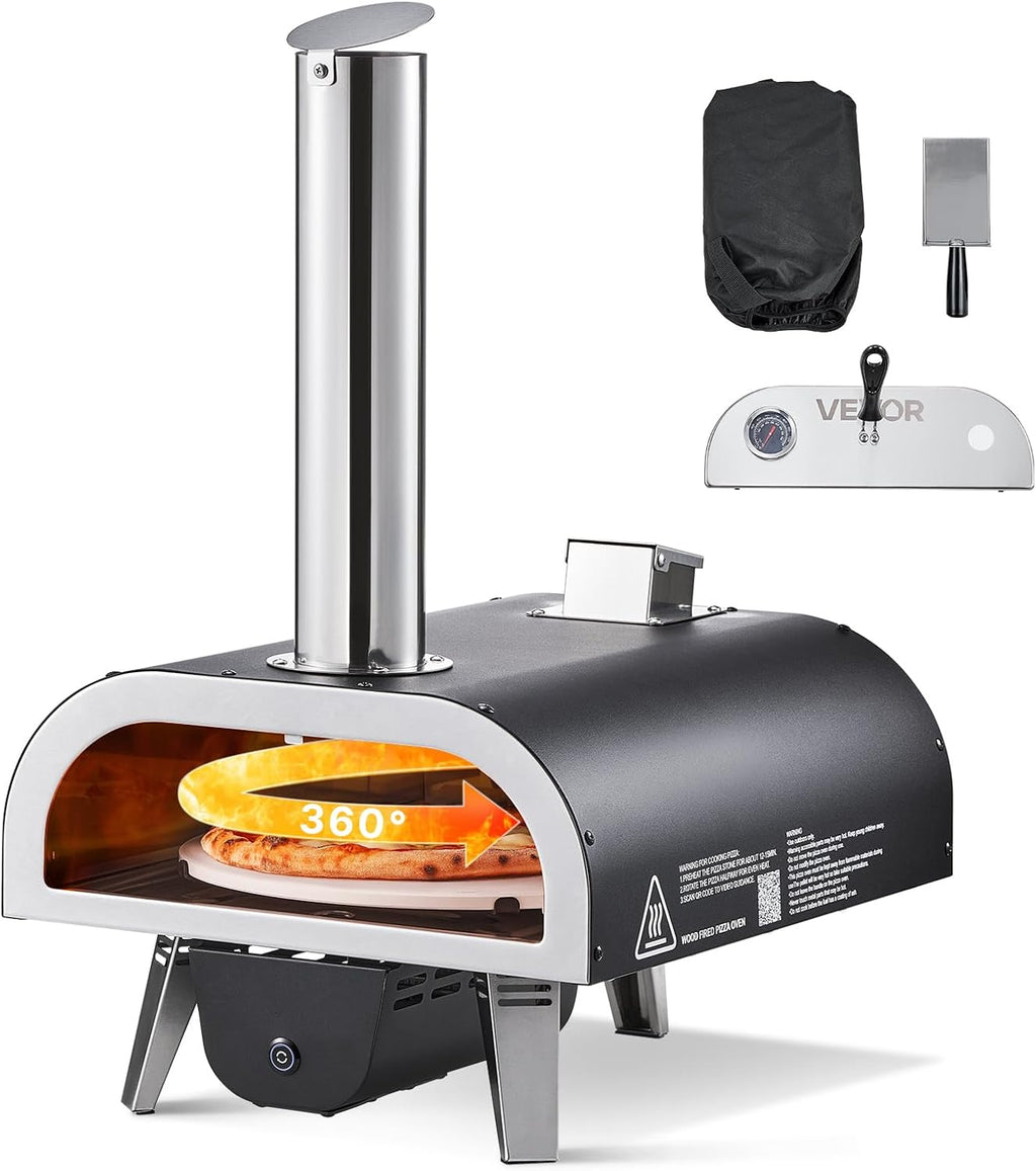 Wood-Fired Pizza Oven Outdoor, 12" Auto Rotate Pizza Ovens, Portable Pellet Pizza Maker with Thermometer & Electric