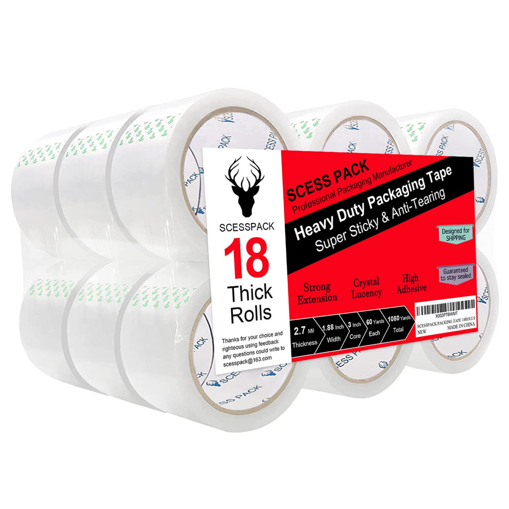 Packing Tape (18 Rolls),2.7mil, Heavy Duty Packaging Tape for Shipping Moving Sealing, 1.88 Inch x 60 yd Per Roll