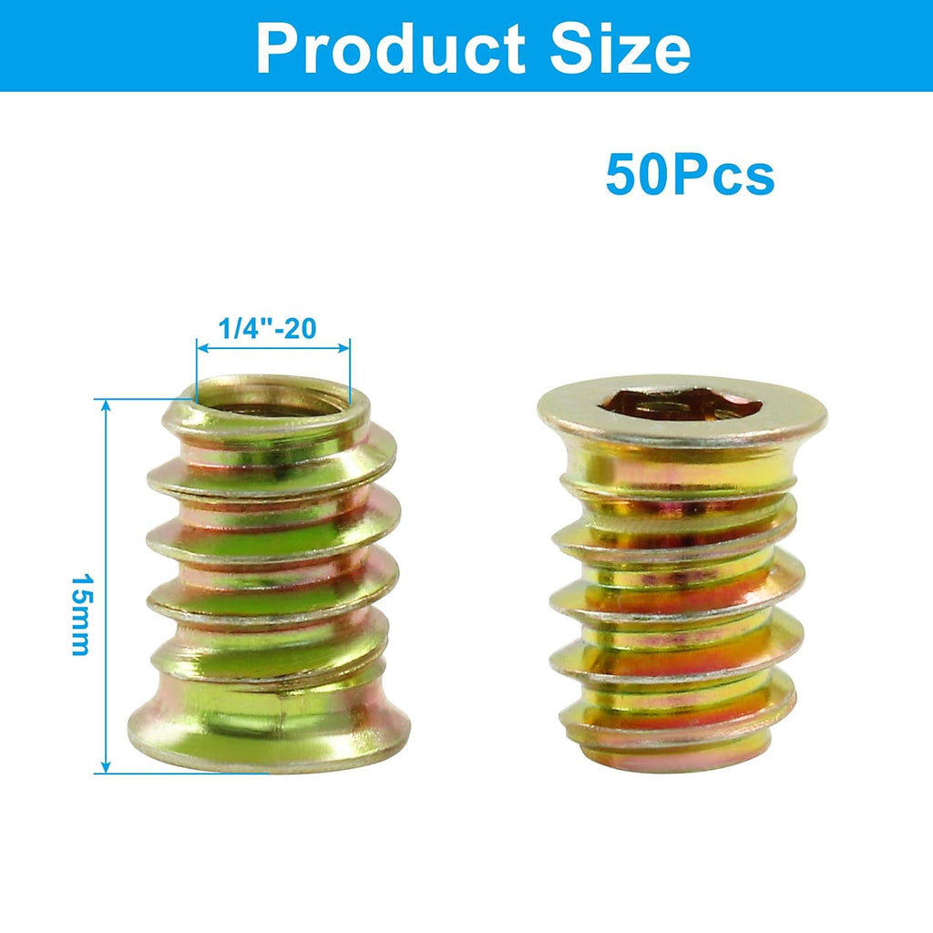 50 Pcs Threaded Inserts for Wood, 1/4"-20 x 15mm