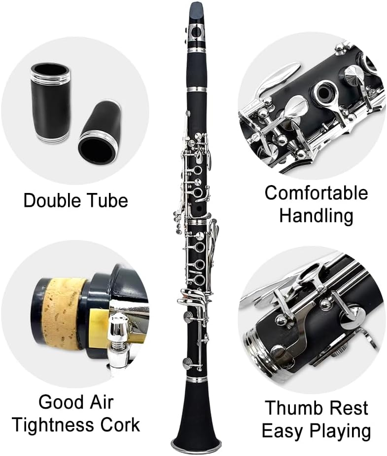 Bb Clarinet for Beginners, Student B Flat Clarinet with Ebonite Body & Nickel-Plated 17 Keys, Woodwind Instrument