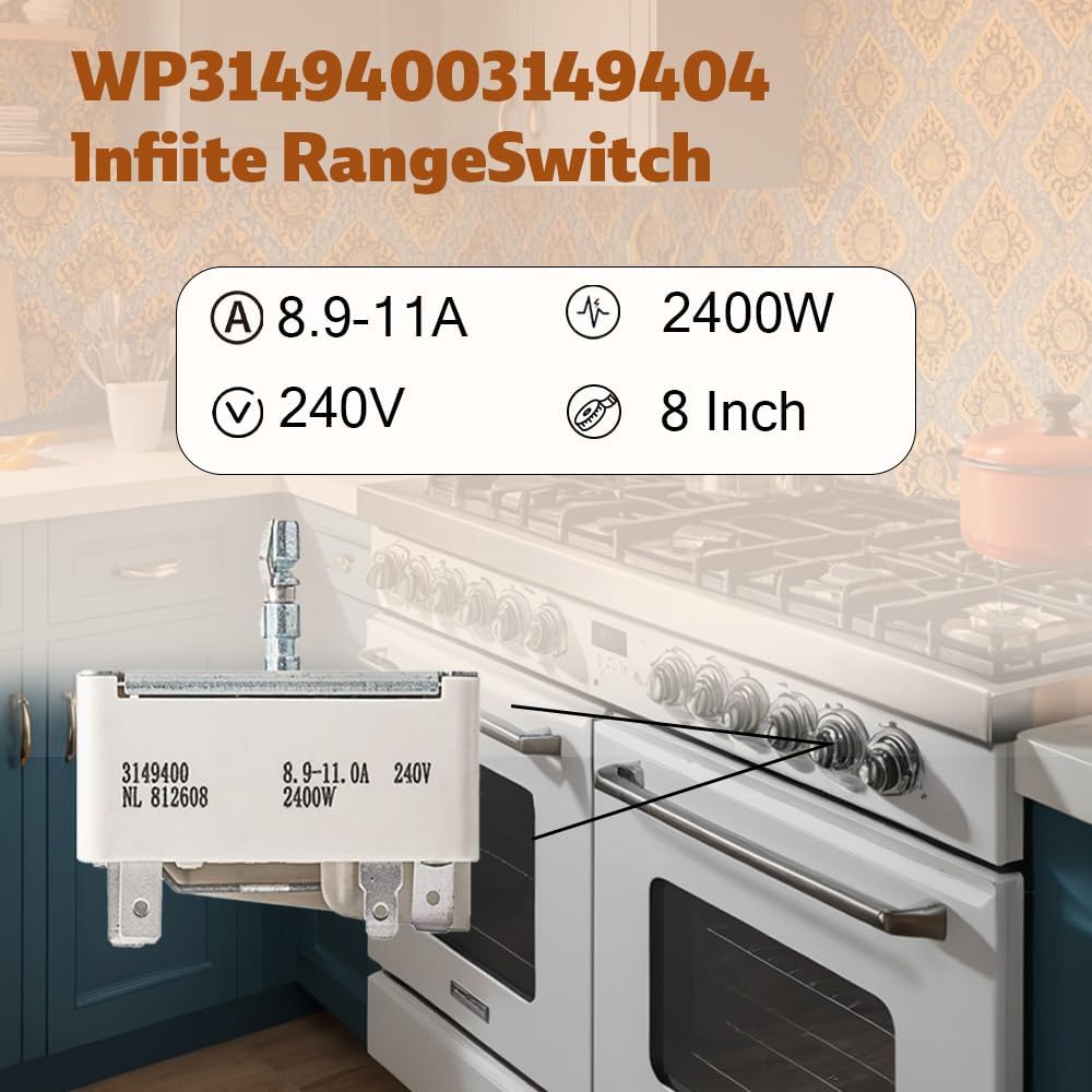 WP3149400 Range Surface Burner Infinite Switch for 8 Inch Burner, Replace 3148954 3148953 3148951 AP6007666 PS11740783, Fits for Whirlpool Stove