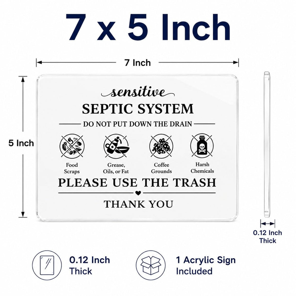 Septic System Drain Reminder Sign: 7 x 5 Inch Adhesive Acrylic