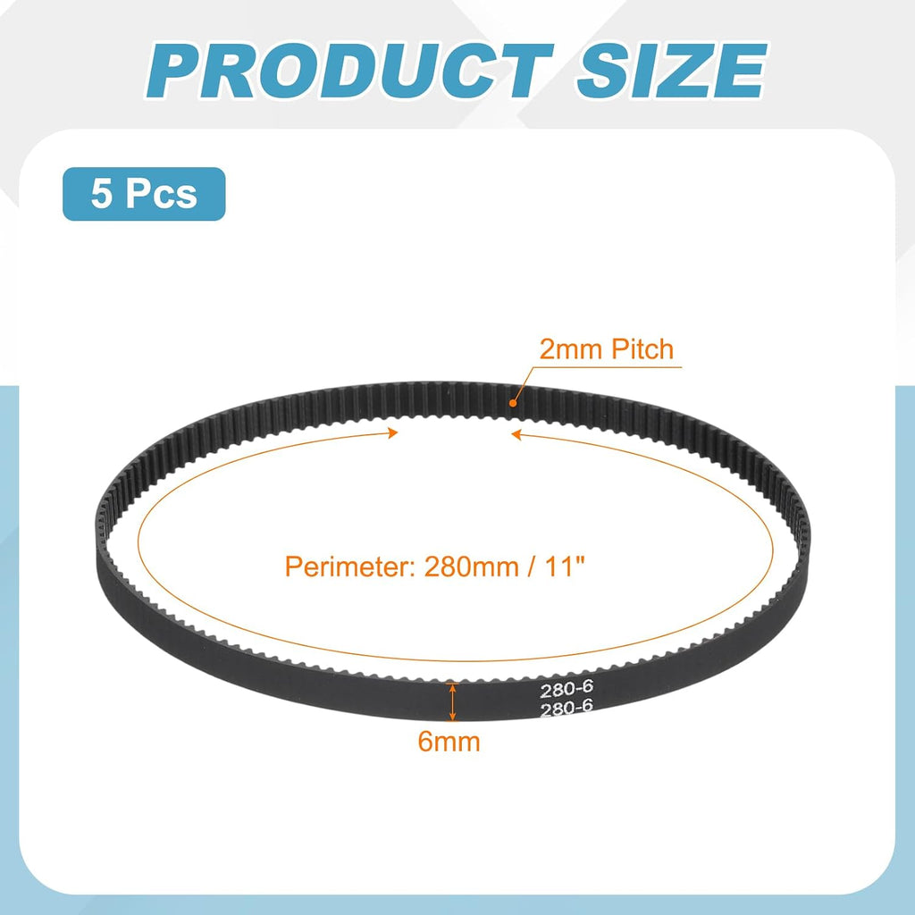 MECCANIXITY 280mm GT-2 Timing Belt 6mm Width 2mm Pitch Black 5pcs
