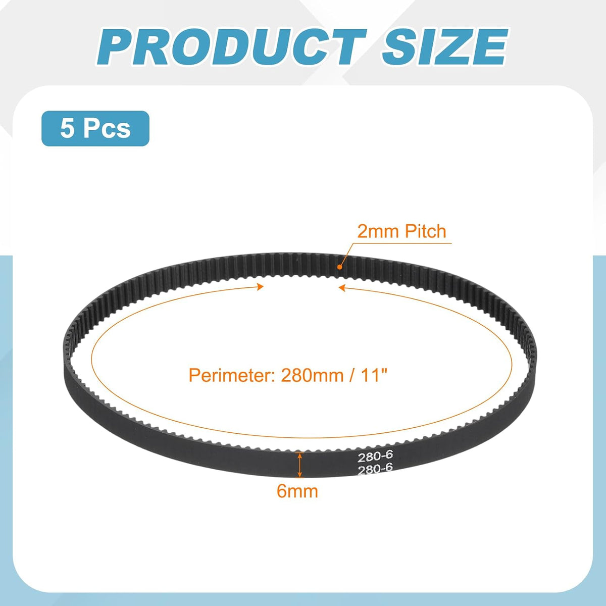 MECCANIXITY 280mm GT-2 Timing Belt 6mm Width 2mm Pitch Black 5pcs