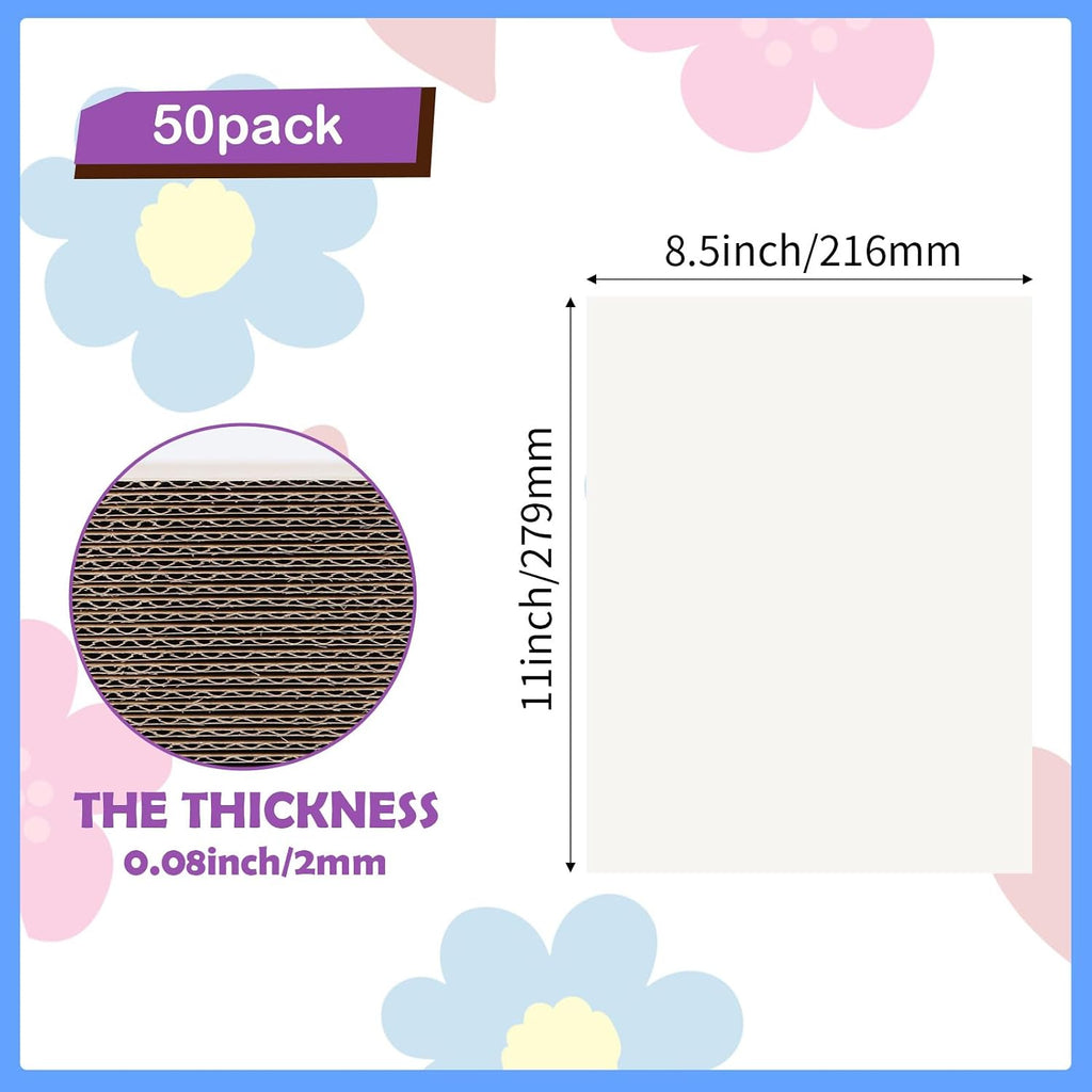 50 Pack 8.5x11 Corrugated Cardboard Sheets, White Flat Cardboard Inserts for Shipping, Mailing, Packing, DIY Crafts