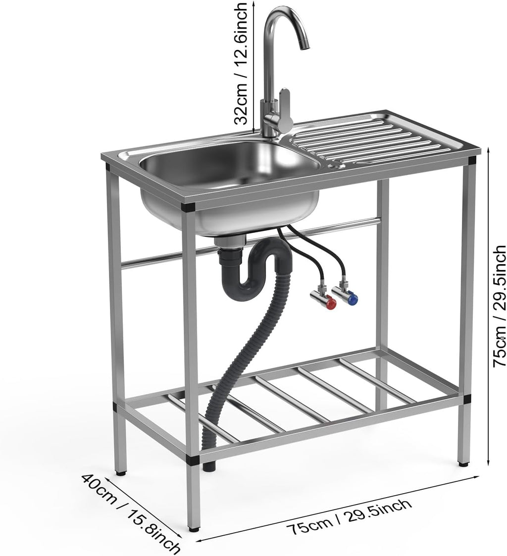 Utility Sink Stainless Steel,Freestanding Single Bowl Kitchen Sink,Outdoor Sink Station with Hose Hook Up,Hot & Cold