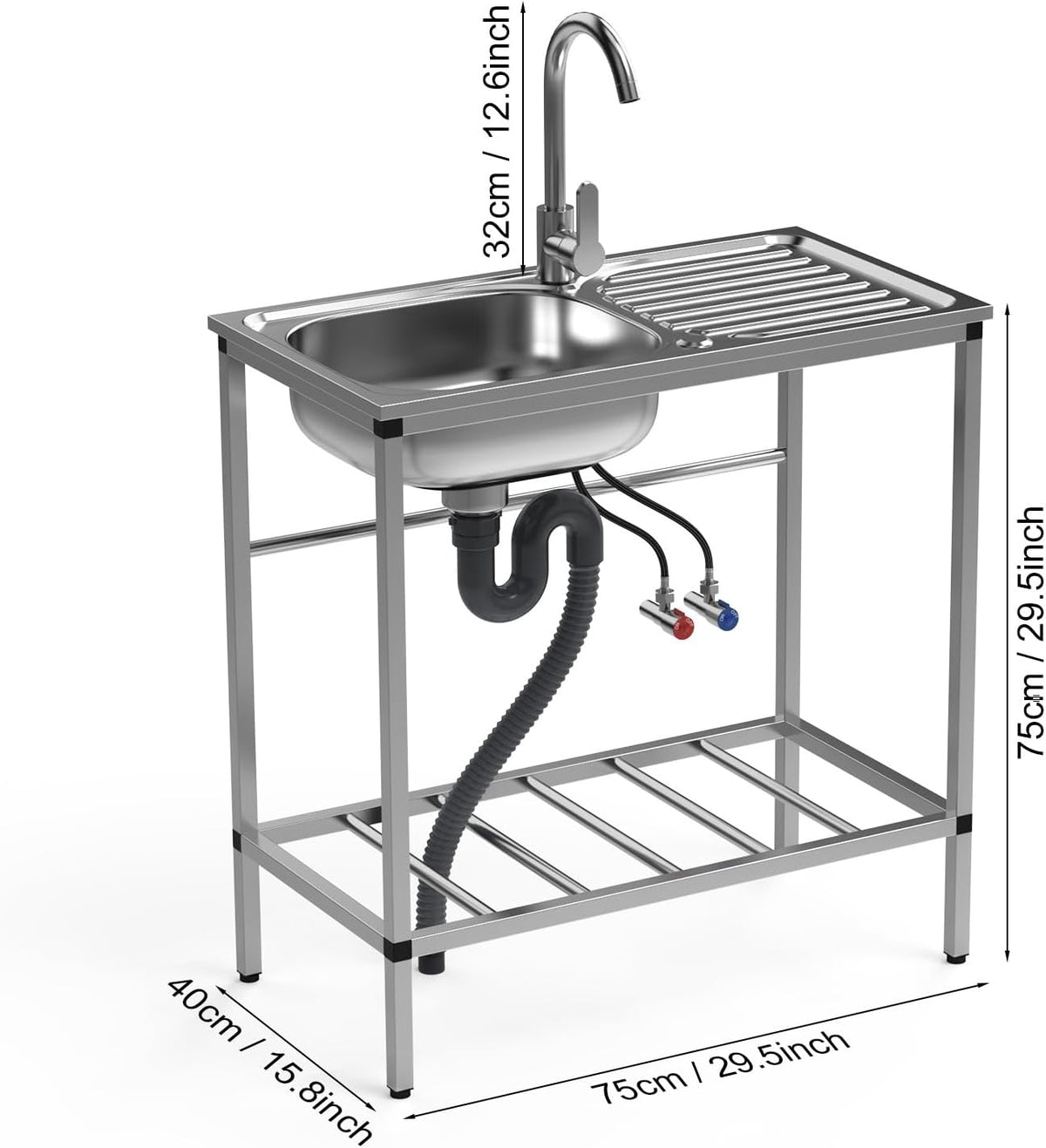 Utility Sink Stainless Steel,Freestanding Single Bowl Kitchen Sink,Outdoor Sink Station with Hose Hook Up,Hot & Cold