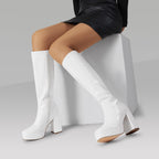 Women's Gogo Knee High Chunky Heel Boots,Size 11,White-Pat