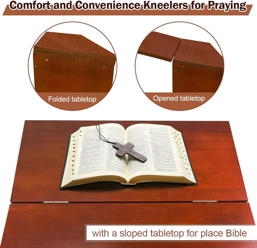 Wooden Prayer Kneeler with Storage Shelf & Cushion - Folding Prayer Bench for Home and Church, Comfortable Kneeling