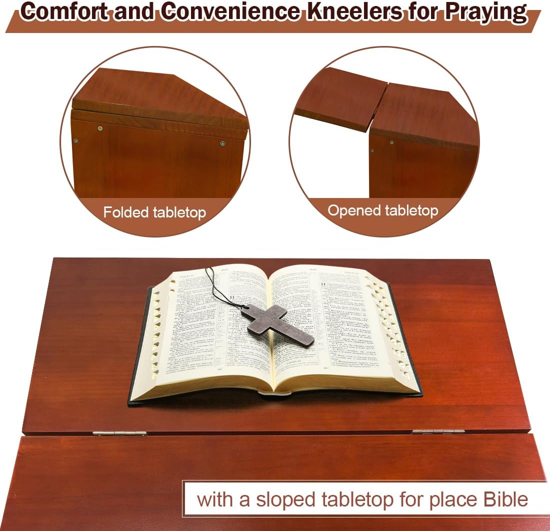 Wooden Prayer Kneeler with Storage Shelf & Cushion - Folding Prayer Bench for Home and Church, Comfortable Kneeling
