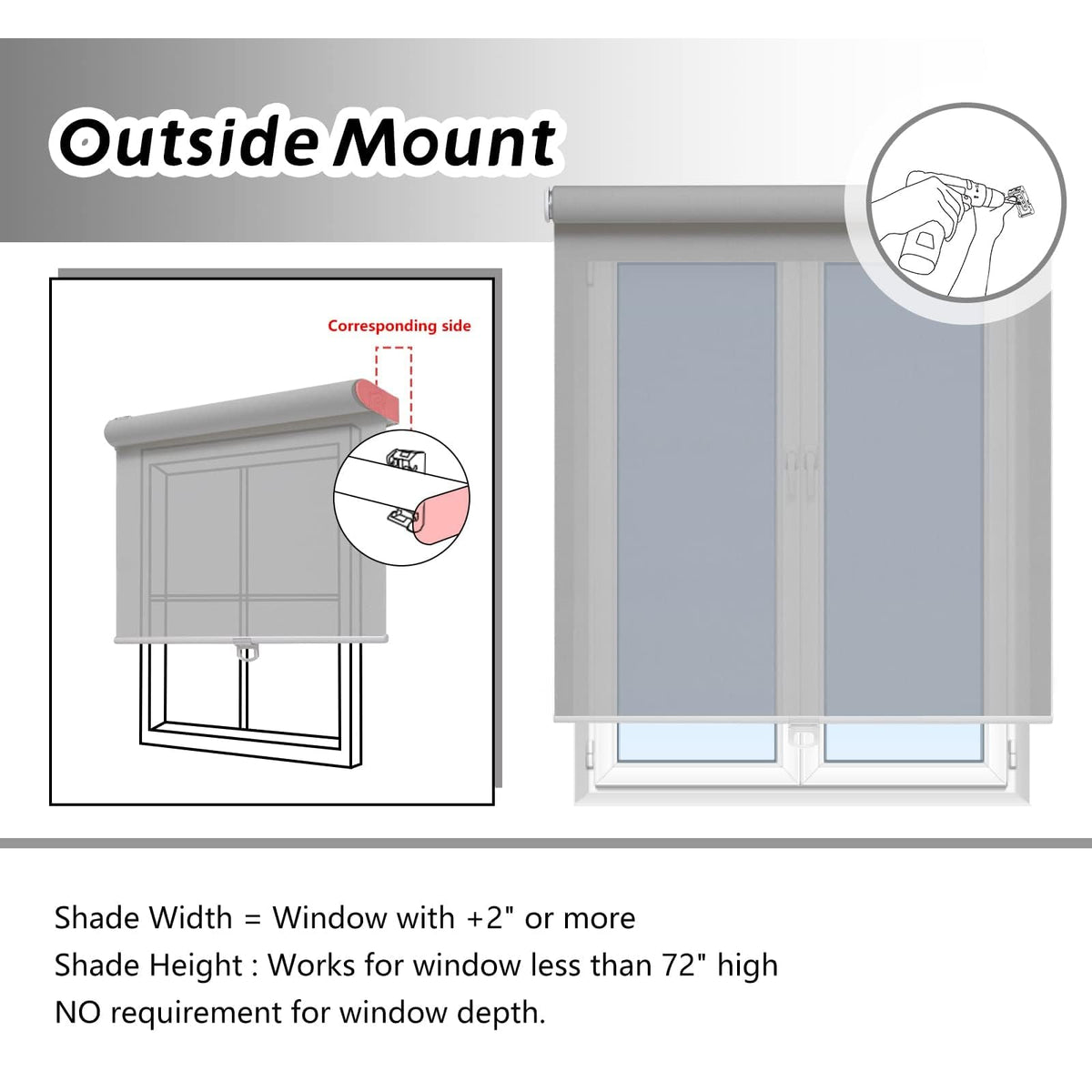 Light Filtering Roller Shades for Indoor Windows, 59" W x 72" H, Grey