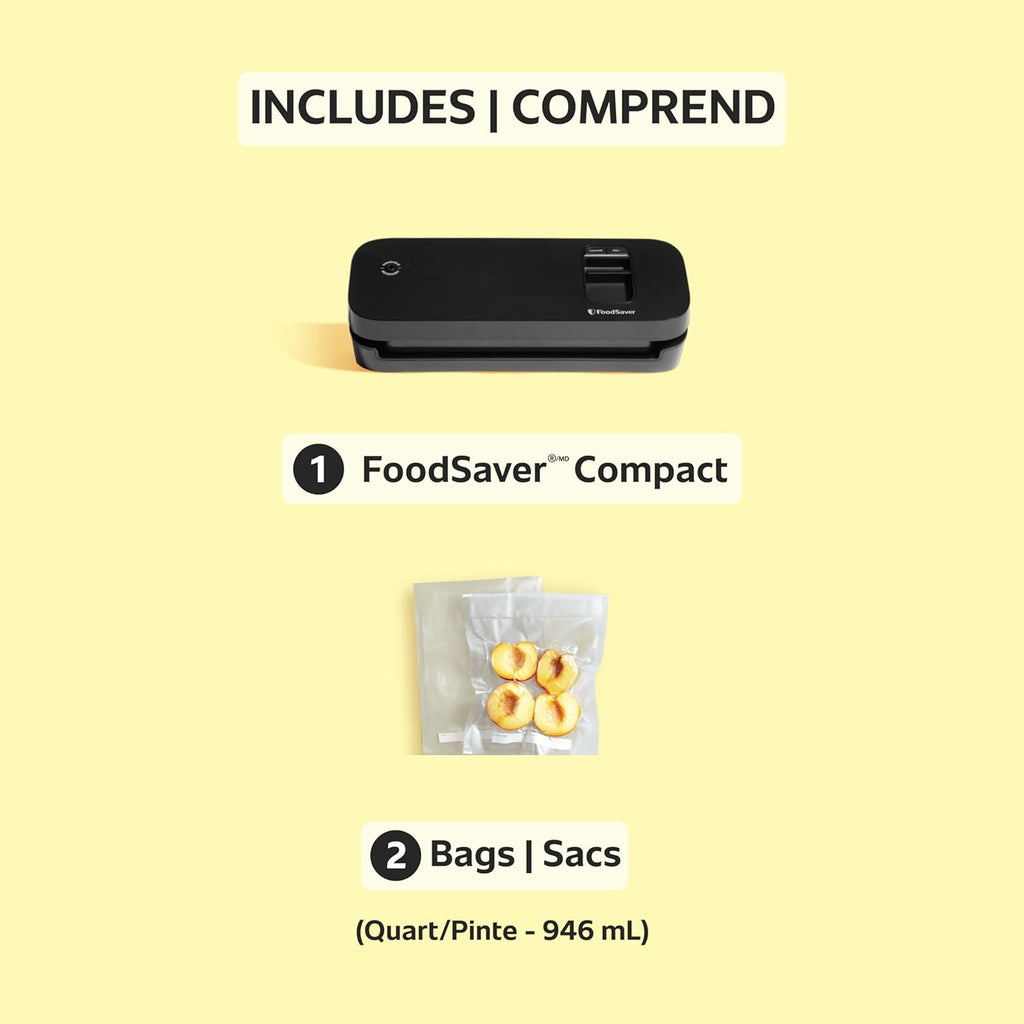 Space Saving Food Vacuum Sealer, Black with 2 Quart Vacuum Seal Bags, Pack of 1, Compact (Black)