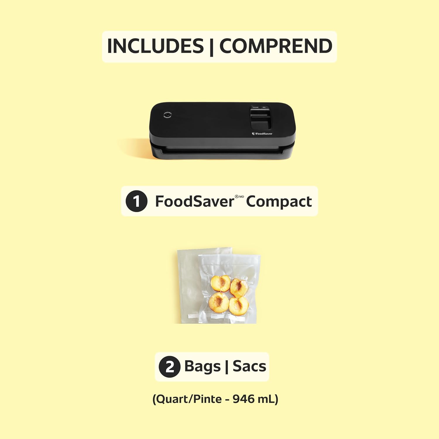Space Saving Food Vacuum Sealer, Black with 2 Quart Vacuum Seal Bags, Pack of 1, Compact (Black)