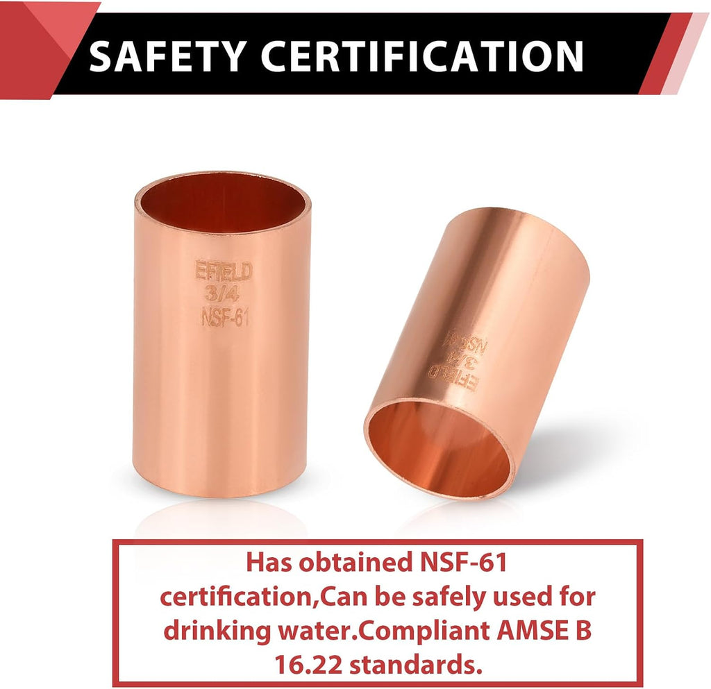 30Pcs EFIELD 3/4" X 3/4" CxC Copper Slip Coupling, No Stop(COPPER033-30)