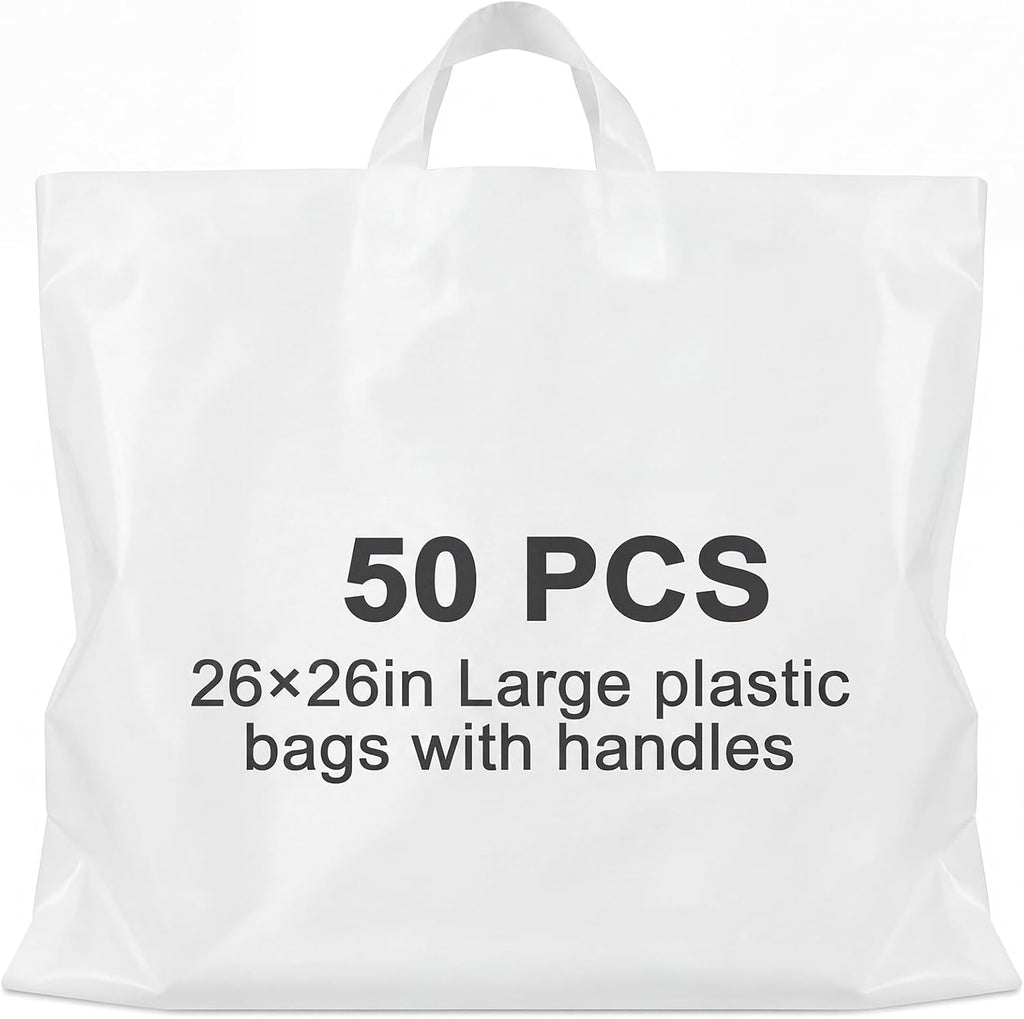 50 Pack 26" x 26" Large White Plastic Shopping Bags with Handles