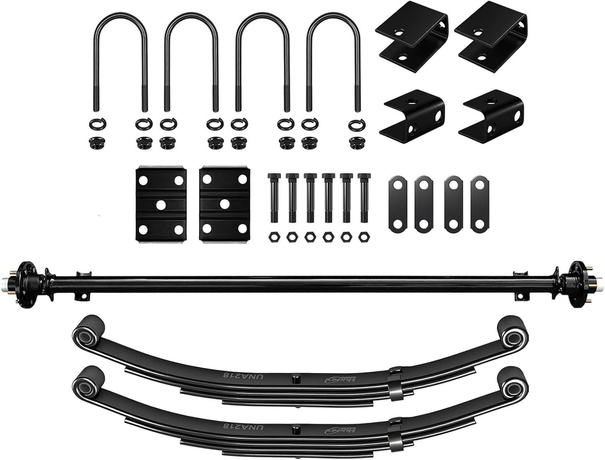3500 lb Single Trailer Axle Suspension Kit with Hubs - Leaf Springs, Hanger, U-Bolt kit (85'' Hubface/70'' Spring