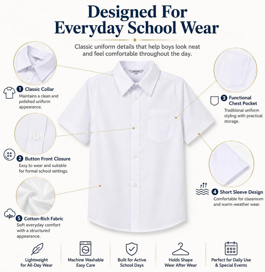 Formal Boys Dress Shirt: Cotton School Uniform 2 Pack White Size 16 | Button Down Short Sleeve Tops - Chest Pocket