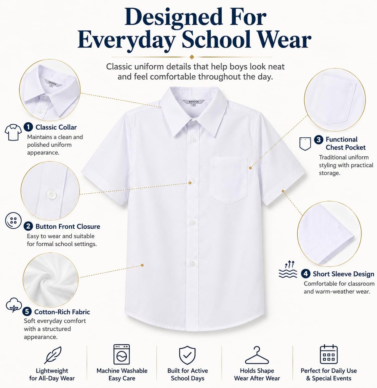 Formal Boys Dress Shirt: Cotton School Uniform 2 Pack White Size 4 | Button Down Short Sleeve Tops - Chest Pocket