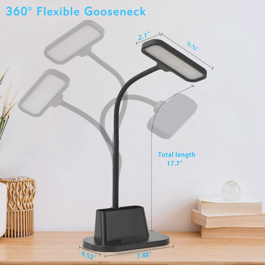 Desk Lamp for Home Office Reading Light with USB Charging Port Black | Small Desk Lamps with Pen Holder, 5 Color