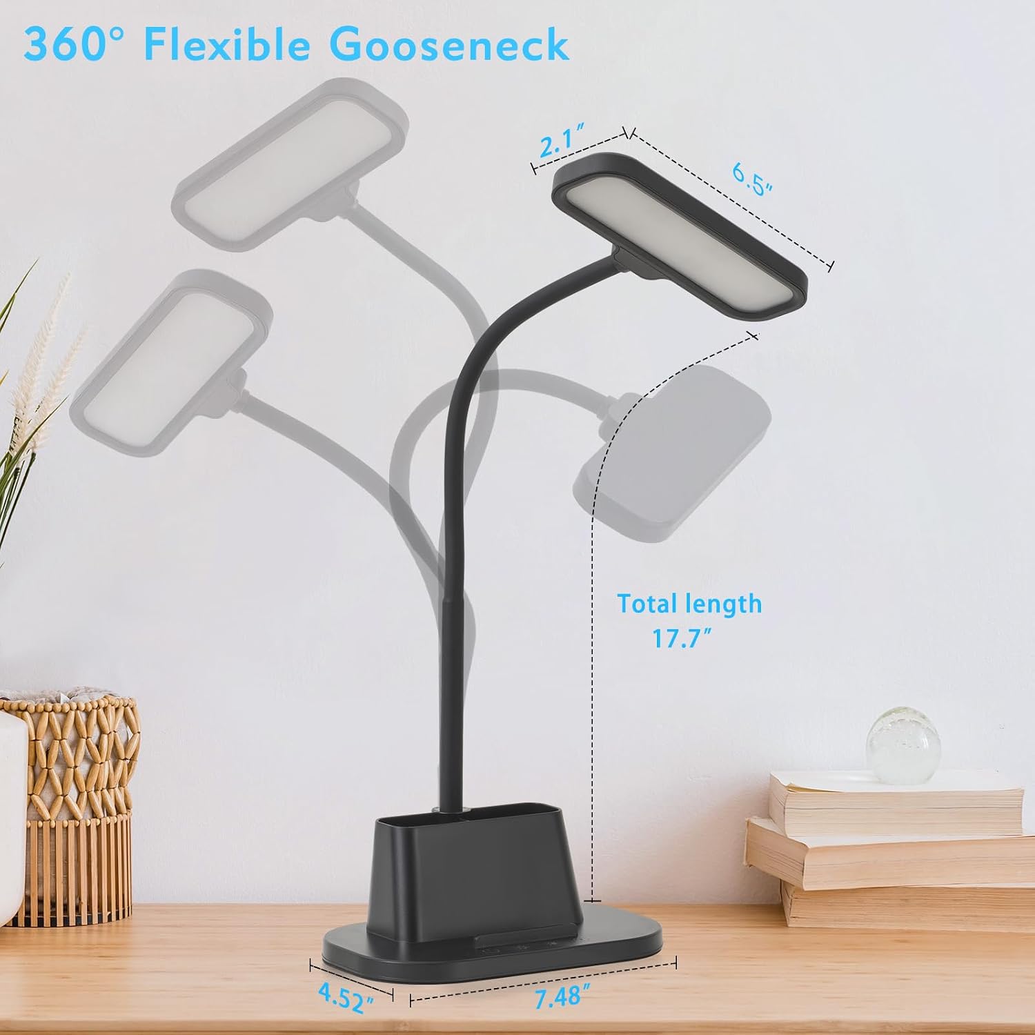 Desk Lamp for Home Office Reading Light with USB Charging Port Black | Small Desk Lamps with Pen Holder, 5 Color