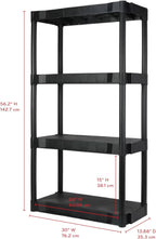 Heavy Duty 4-Tier Storage Shelving Unit, Black Plastic, 30 Inch Wide x 56.2 Inch High, 280 lb Capacity, Tool-Free