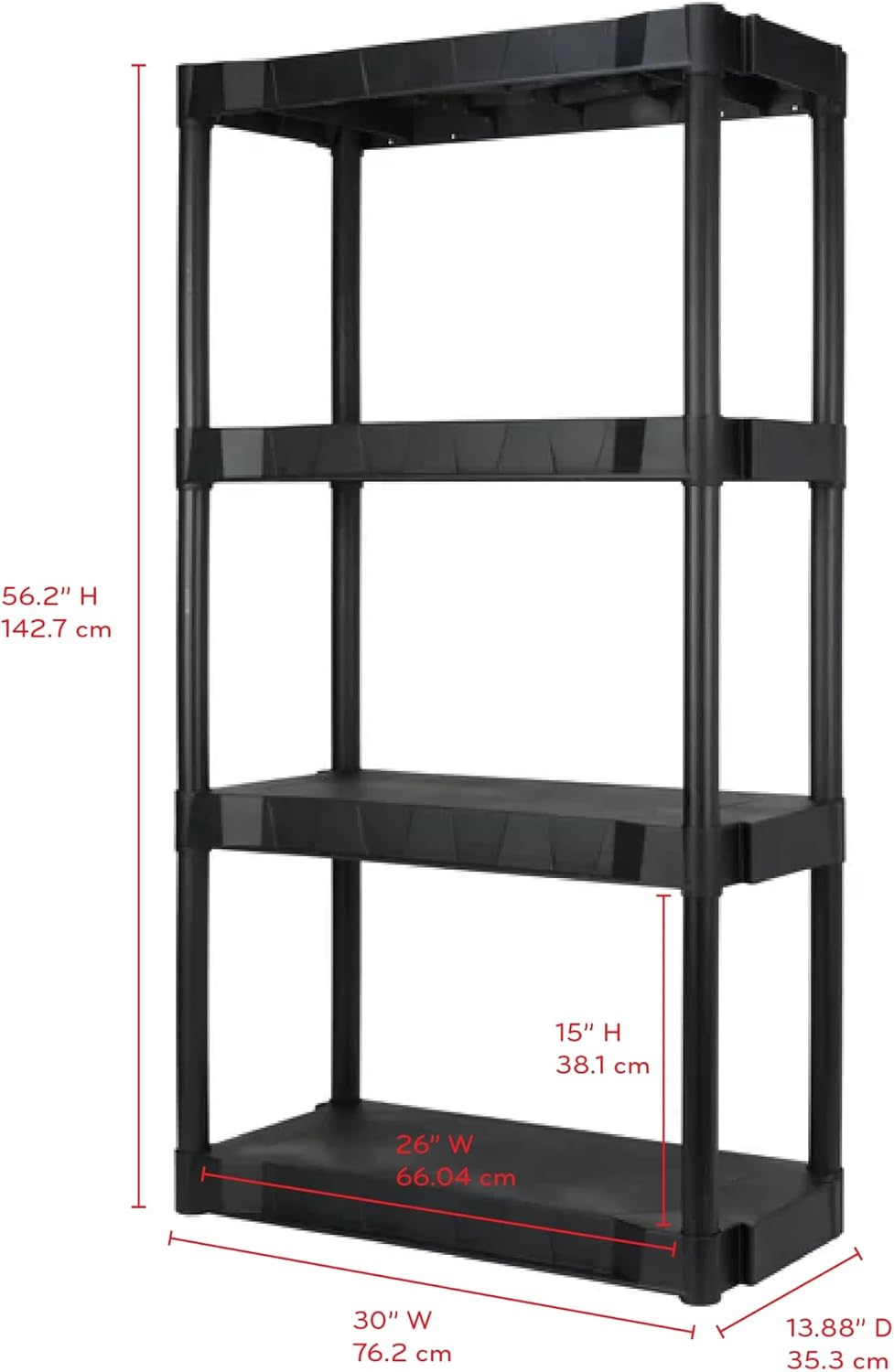 Heavy Duty 4-Tier Storage Shelving Unit, Black Plastic, 30 Inch Wide x 56.2 Inch High, 280 lb Capacity, Tool-Free