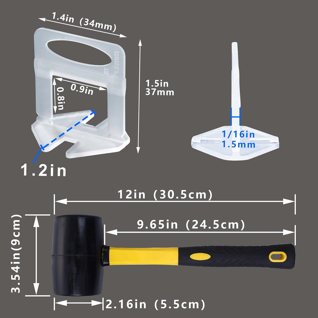 Tile Leveling System Clips 1/16 Inch 4500 Piece Tile Spacers Clips and 16 oz Rubber Mallet Hammer .Tile Tools Set for