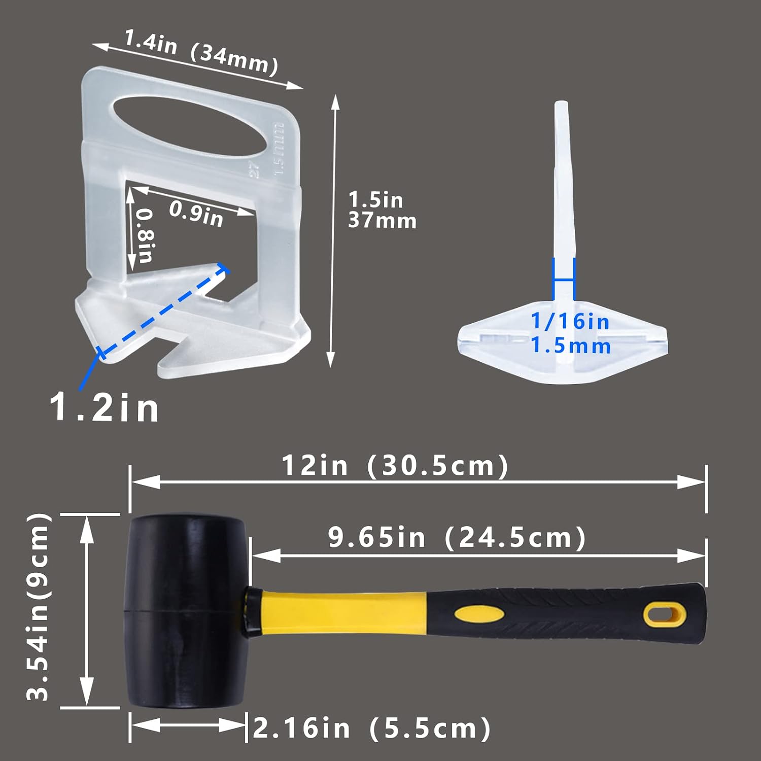 Tile Leveling System Clips 1/16 Inch 4500 Piece Tile Spacers Clips and 16 oz Rubber Mallet Hammer .Tile Tools Set for