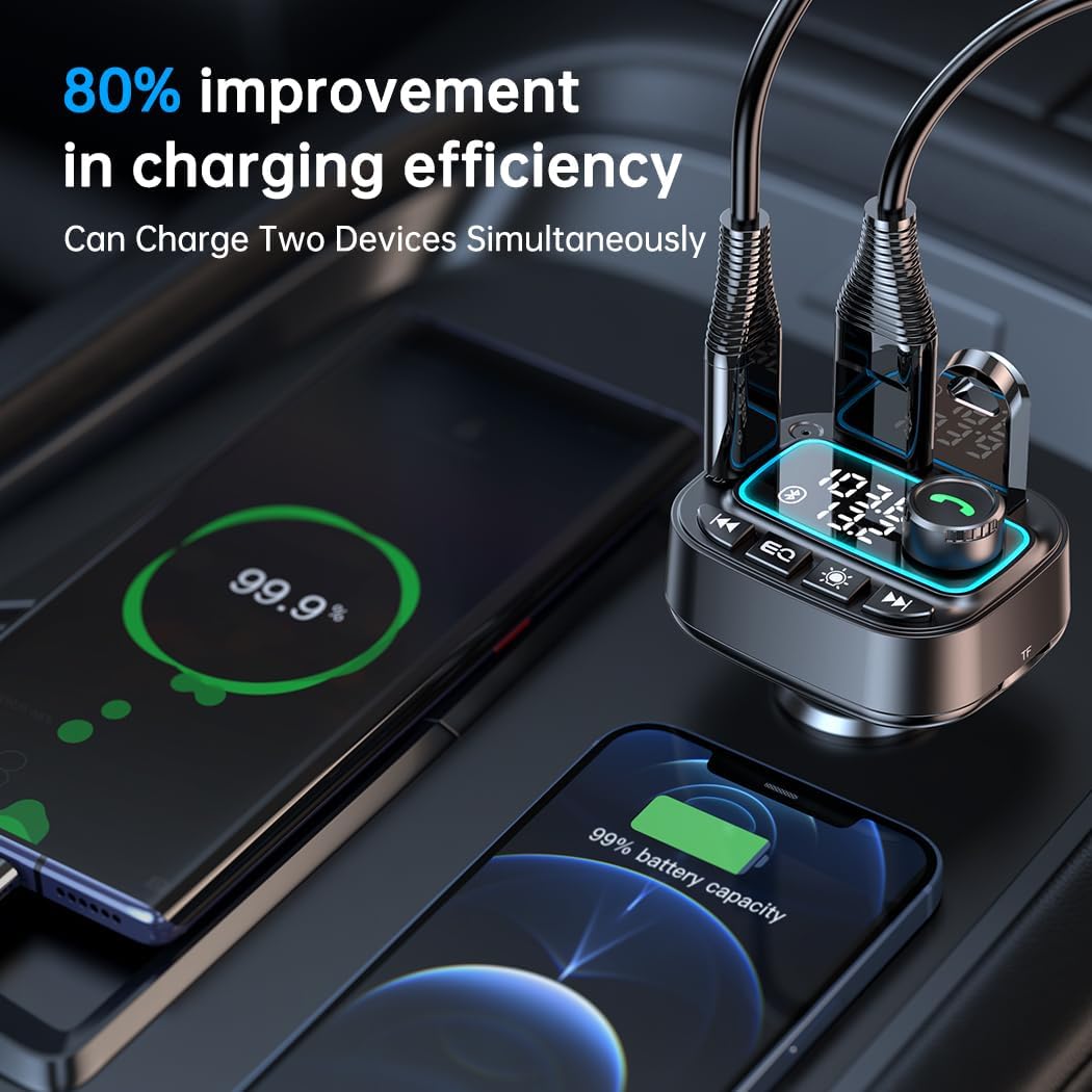 Bluetooth 5.3 Car Adapter FM Transmitter, 42W (PD30W & 12W) USB C Car Charger Wireless Radio Receiver, Hands-Free