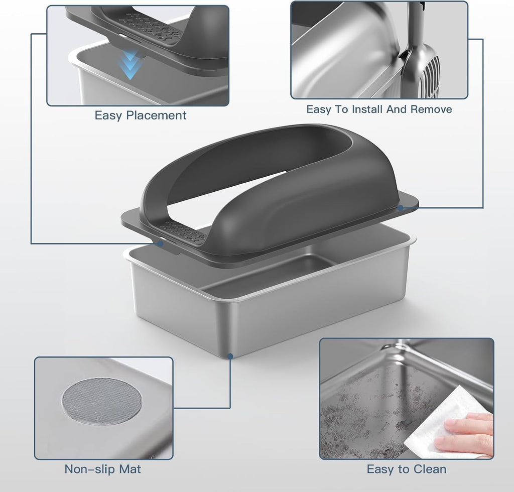 Cat Stainless Steel Litter Box with Lid, Kitty Extra Large Metal Litter Boxes XL High Sided with Mat and Scoop for
