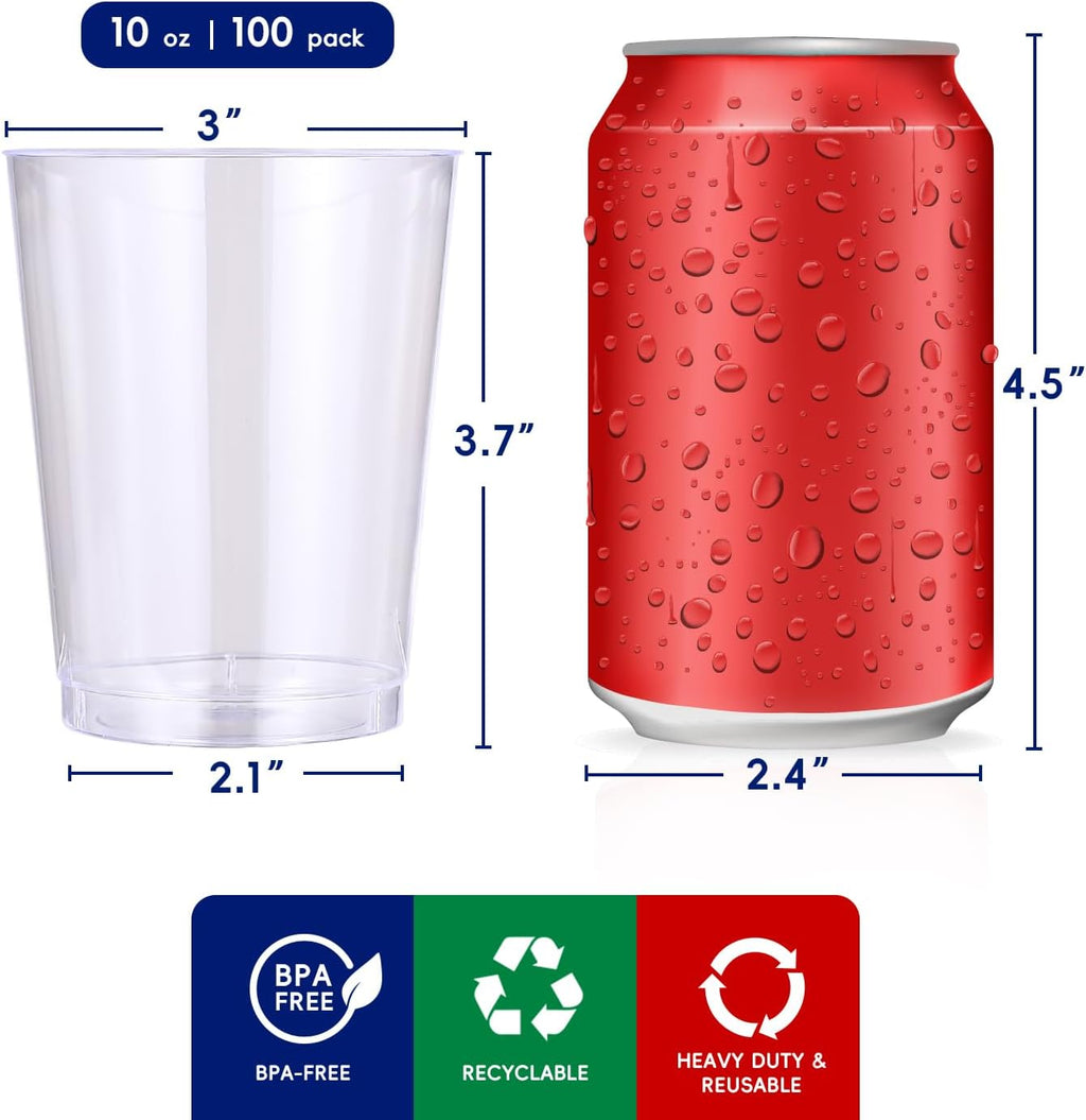 100 Pack 10 oz Clear Plastic Cups, Disposable Party Cups