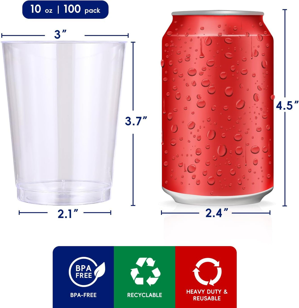 100 Pack 10 oz Clear Plastic Cups, Disposable Party Cups