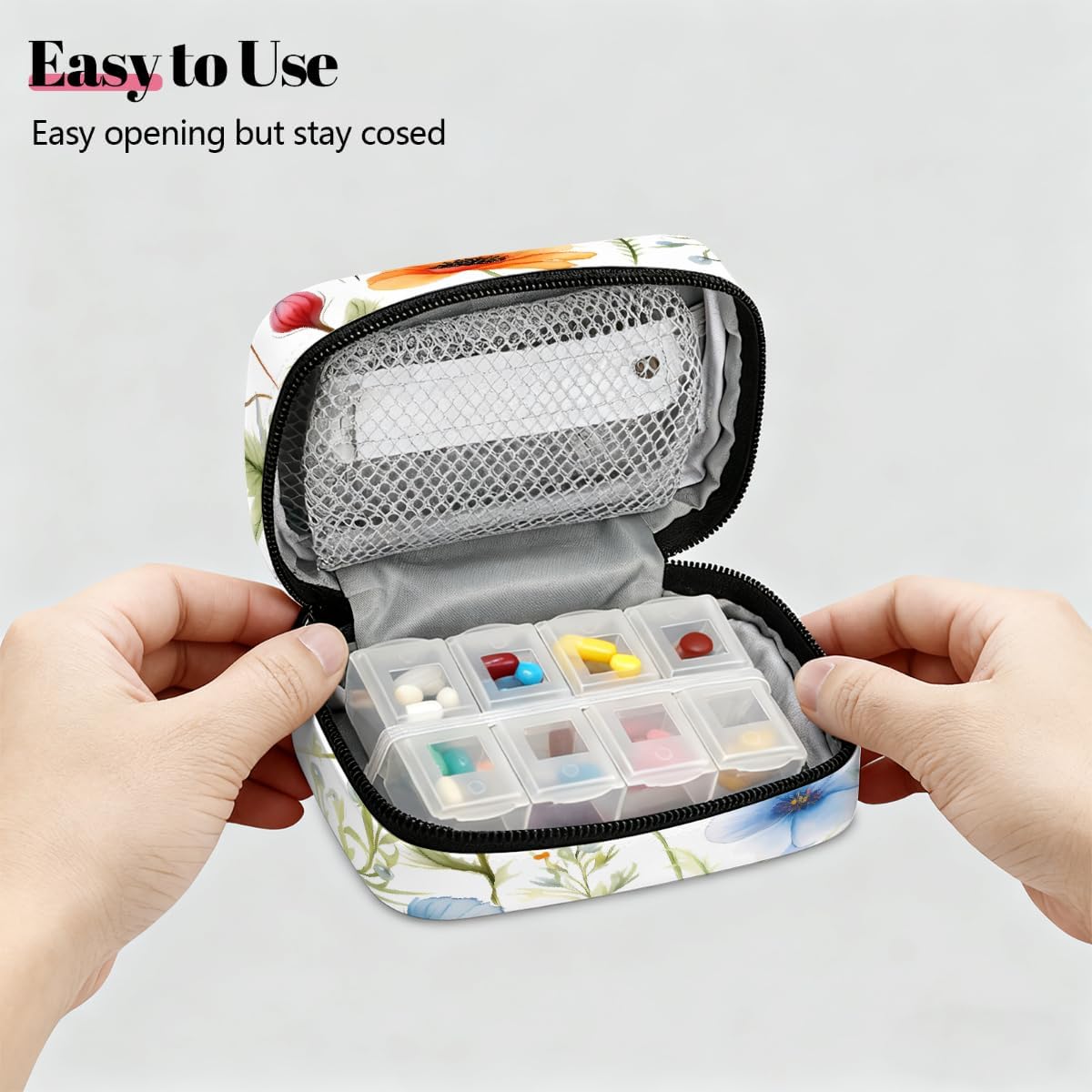 Colorful Wildflower Floral Pattern Pill Organizer Travel Medicine Case with Zipper Daily Vitamin Storage Bag Portable