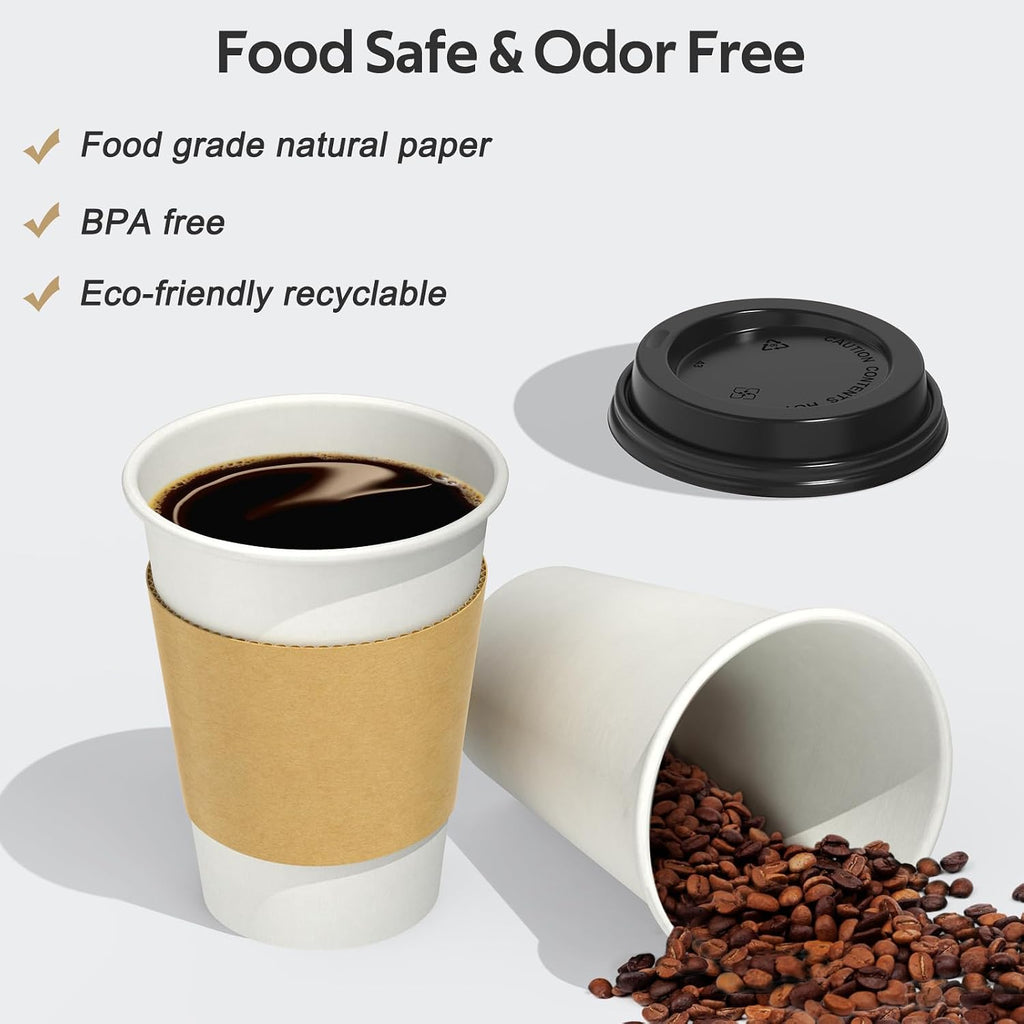 100 Pack 12 oz Disposable Coffee Cups with Sip Lids and Sleeves
