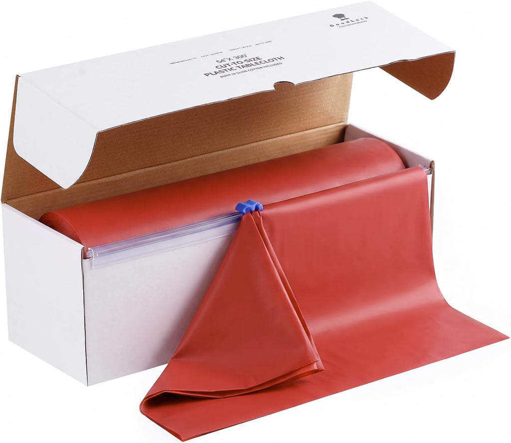 54 Inch x 300 Feet Red Plastic Tablecloth Roll with Cutter Box