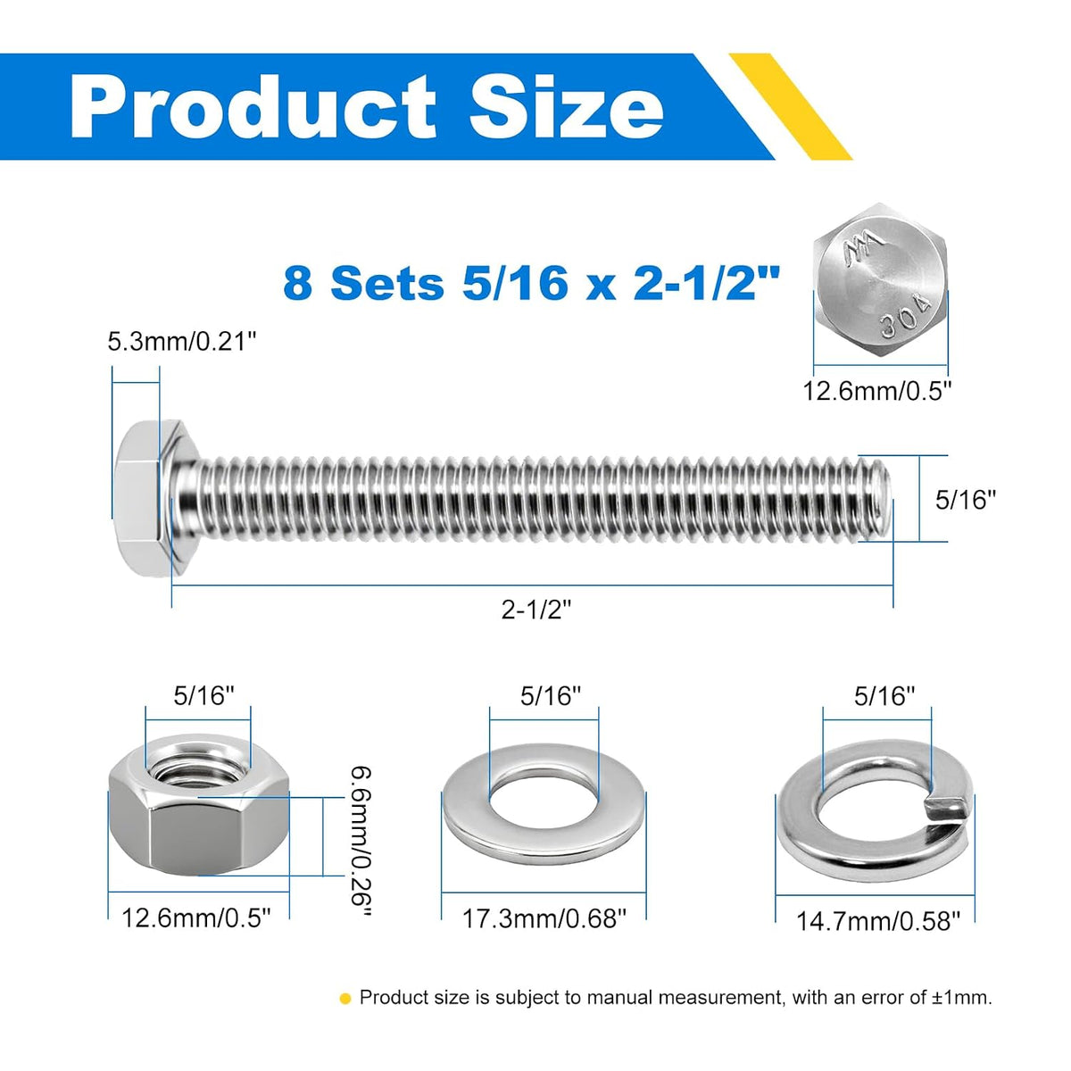 5/16-18 x 2-1/2" Hex Bolt Set with Nuts, Flat & Lock Washers - 304 SS