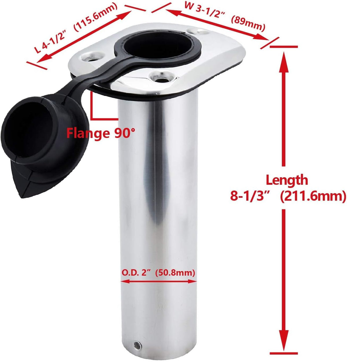 Stainless Steel Flush Mount Rod Holder with Rubber Cap (0 Degree)